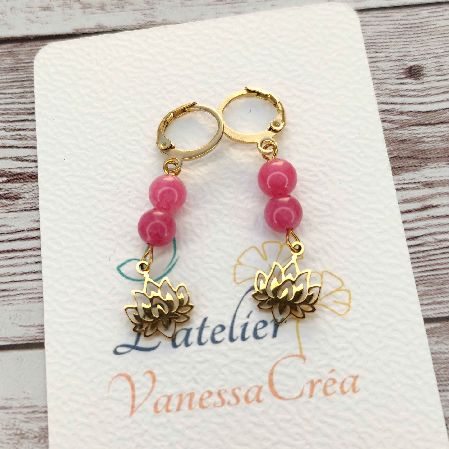 Boucles d'oreilles rhodochrosite et Lotus L'Atelier VanessaCréa