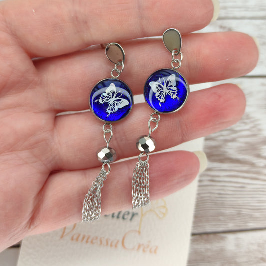 Boucles d’Oreilles "Éclat de Papillon" – Bleu Scintillant & Cascades d'Acier
