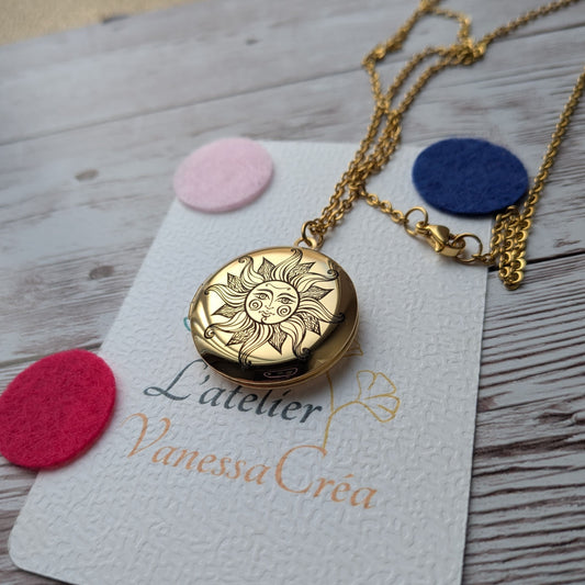 Bijou aromathérapie collier diffuseur d'huiles essentielles Soleil en acier inoxydable