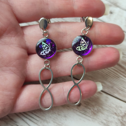 Boucles d'Oreilles Papillon Magique – Violet & Acier Inox