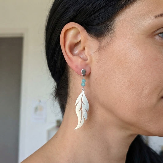 Boucles d'oreilles plume ajourée en acier inoxydable et amazonite portées, mettant en valeur leur élégance et leur éclat argenté.