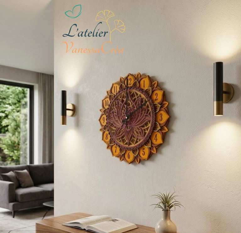 Horloge murale mandala fleur de lotus installée au mur dans un salon, créant une décoration zen et harmonieuse.