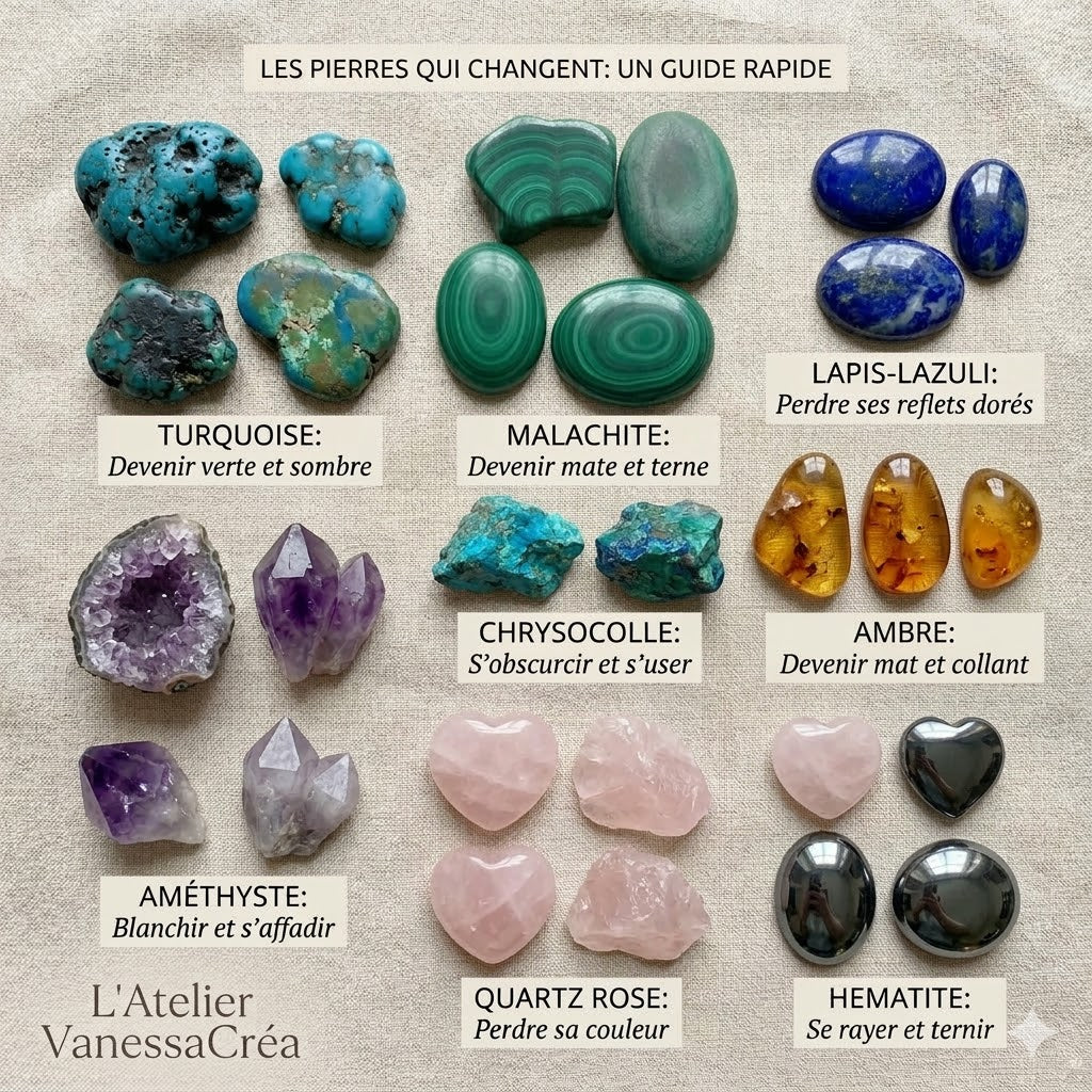Guide visuel de L'Atelier VanessaCréa identifiant les pierres naturelles qui changent d'aspect en surface, posées sur un tissu en lin beige