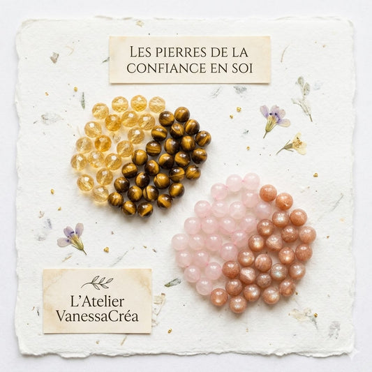 Guide visuel de L'Atelier VanessaCréa présentant une sélection de perles rondes 6mm de pierres naturelles pour la confiance en soi : Citrine, Œil de Tigre, Quartz Rose et Pierre de Soleil