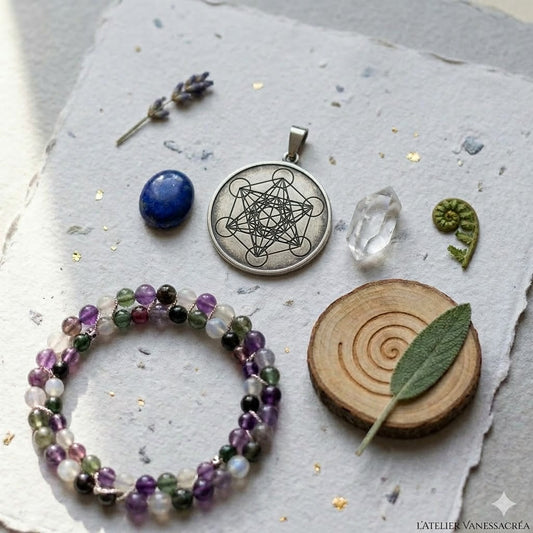 Bijoux talismans énergétiques de L'Atelier VanessaCréa : bracelet en pierres naturelles, médaillon rond gravé avec le cube de Métatron et cristal de roche sur papier artisanal