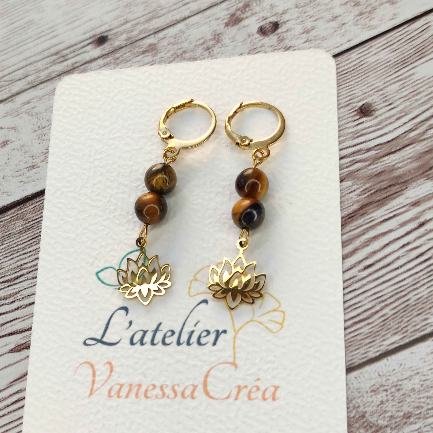 Boucles d'oreilles œil de tigre lotus L'Atelier VanessaCréa
