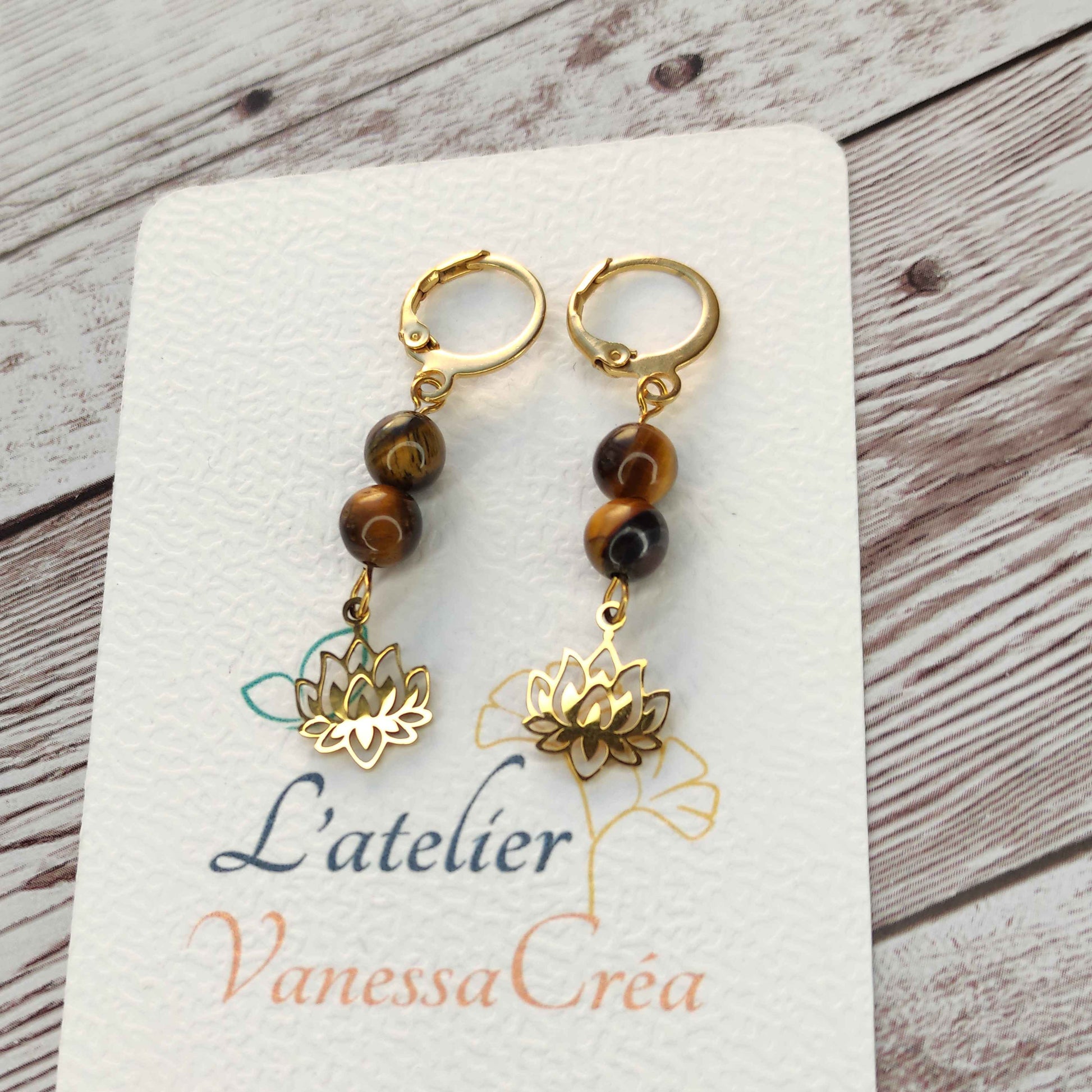 Boucles d'oreilles œil de tigre lotus L'Atelier VanessaCréa