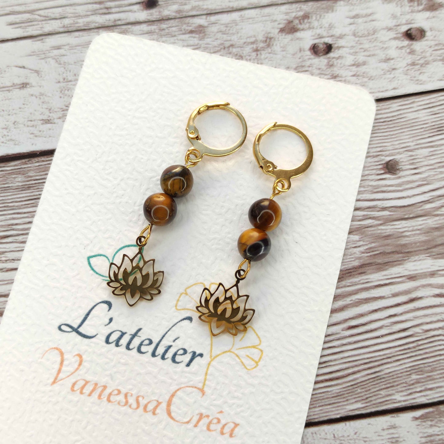 Boucles d'oreilles œil de tigre lotus L'Atelier VanessaCréa