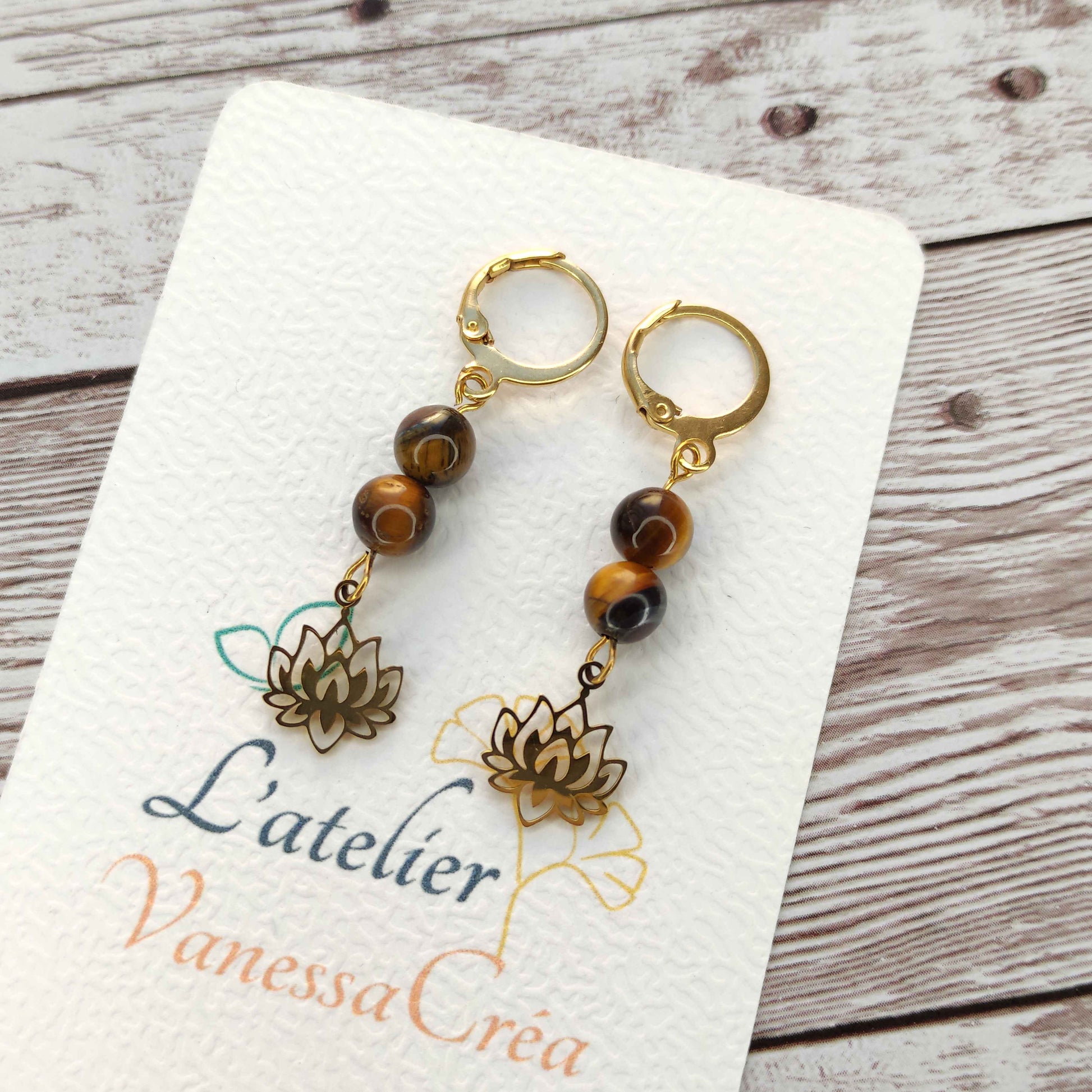 Boucles d'oreilles œil de tigre lotus L'Atelier VanessaCréa
