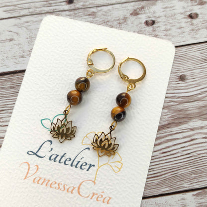 Boucles d'oreilles œil de tigre lotus L'Atelier VanessaCréa