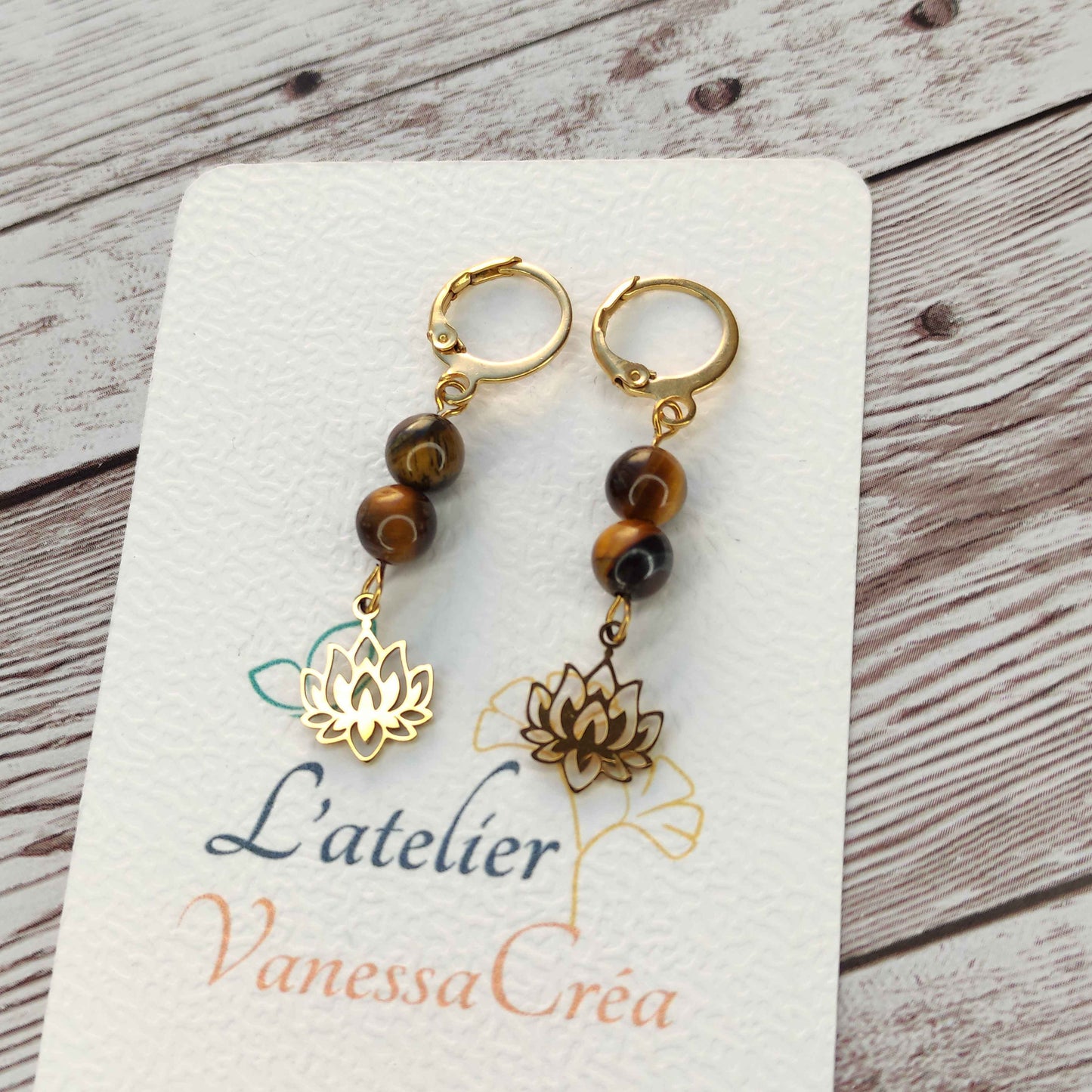 Boucles d'oreilles œil de tigre lotus L'Atelier VanessaCréa