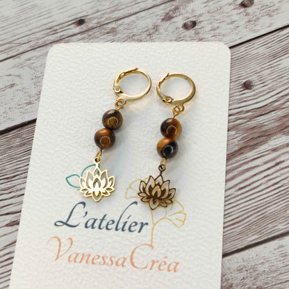 Boucles d'oreilles œil de tigre lotus L'Atelier VanessaCréa