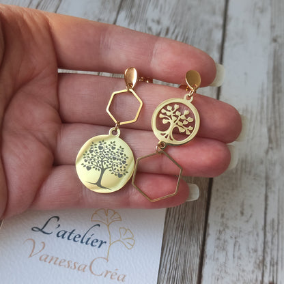 Boucles d'Oreilles Asymétriques "Arbre de Vie coeur" L'Atelier VanessaCréa