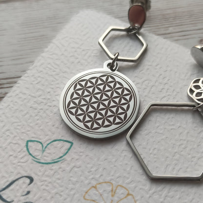 Détail de la gravure artisanale de précision sur acier inoxydable gris foncé représentant la Fleur de Vie.