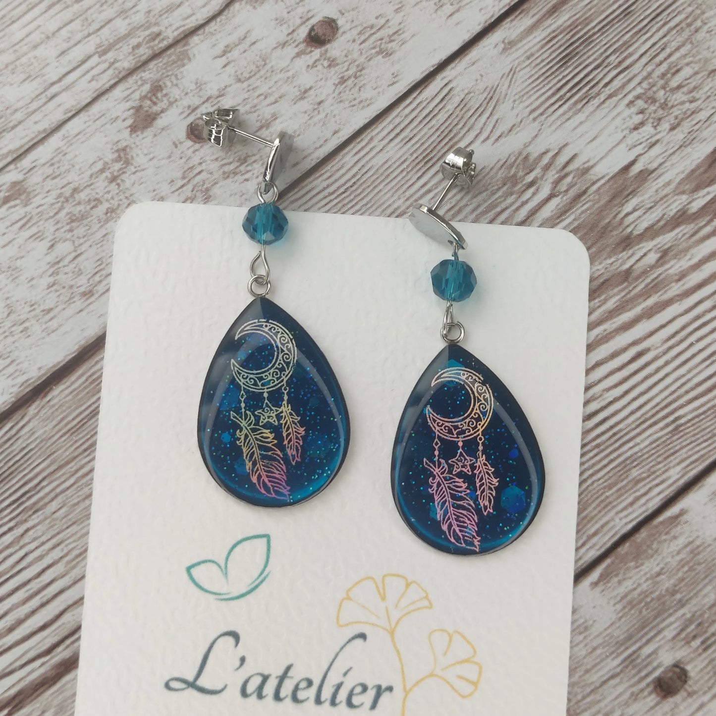 Boucles "Lola" bleu attrape-rêves acier inoxydable L'Atelier VanessaCréa