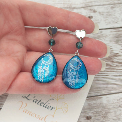 Boucles "Lola" bleu attrape-rêves acier inoxydable L'Atelier VanessaCréa