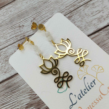 Boucles d'oreilles Lotus pierre de lune L'Atelier VanessaCréa