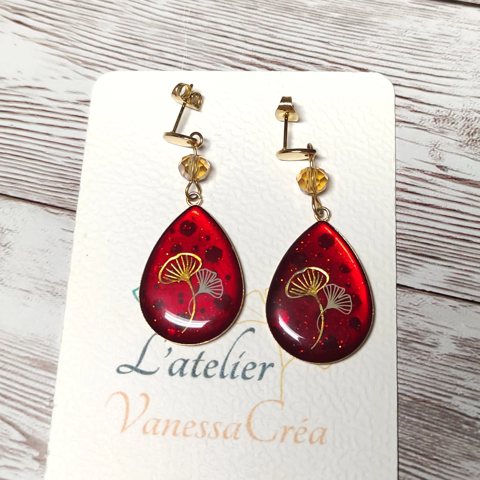 Éclat d'Automne – Boucles Gouttes Gingko & Cristal L'Atelier VanessaCréa
