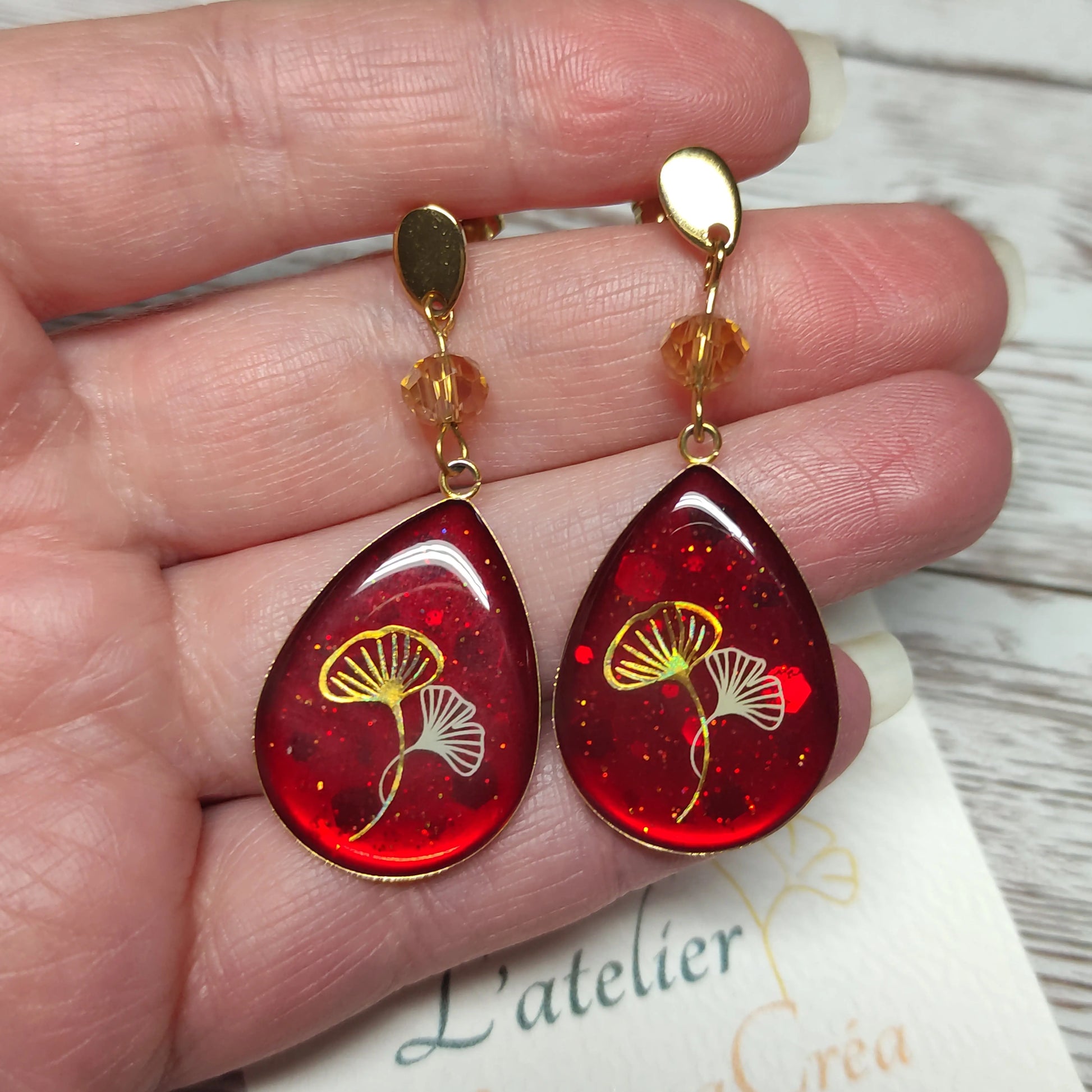 Éclat d'Automne – Boucles Gouttes Gingko & Cristal L'Atelier VanessaCréa