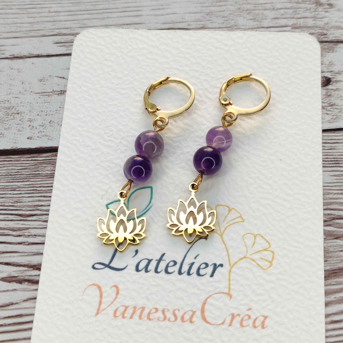 Boucles d'oreilles améthyste fleur de lotus L'Atelier VanessaCréa