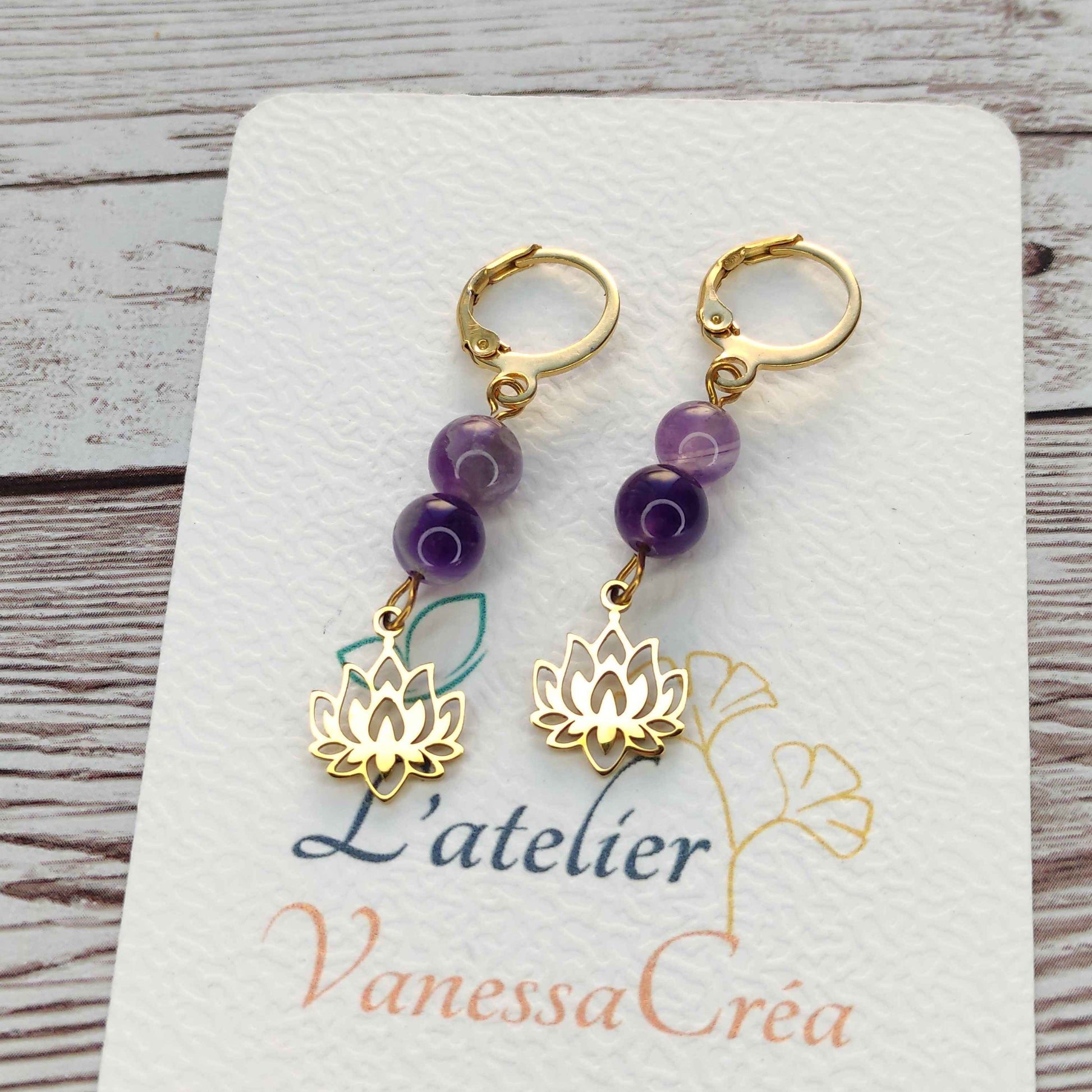 Boucles d'oreilles améthyste fleur de lotus L'Atelier VanessaCréa