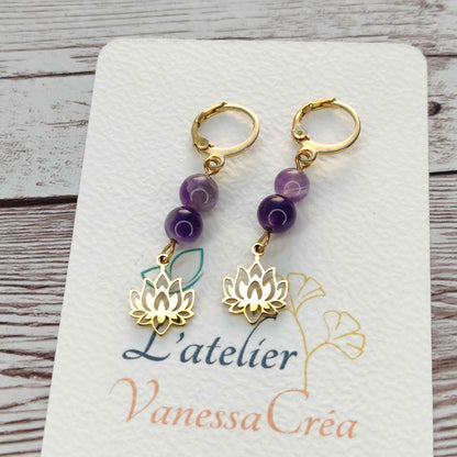 Boucles d'oreilles améthyste fleur de lotus L'Atelier VanessaCréa