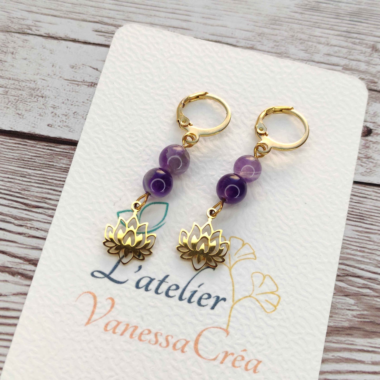 Boucles d'oreilles améthyste fleur de lotus L'Atelier VanessaCréa