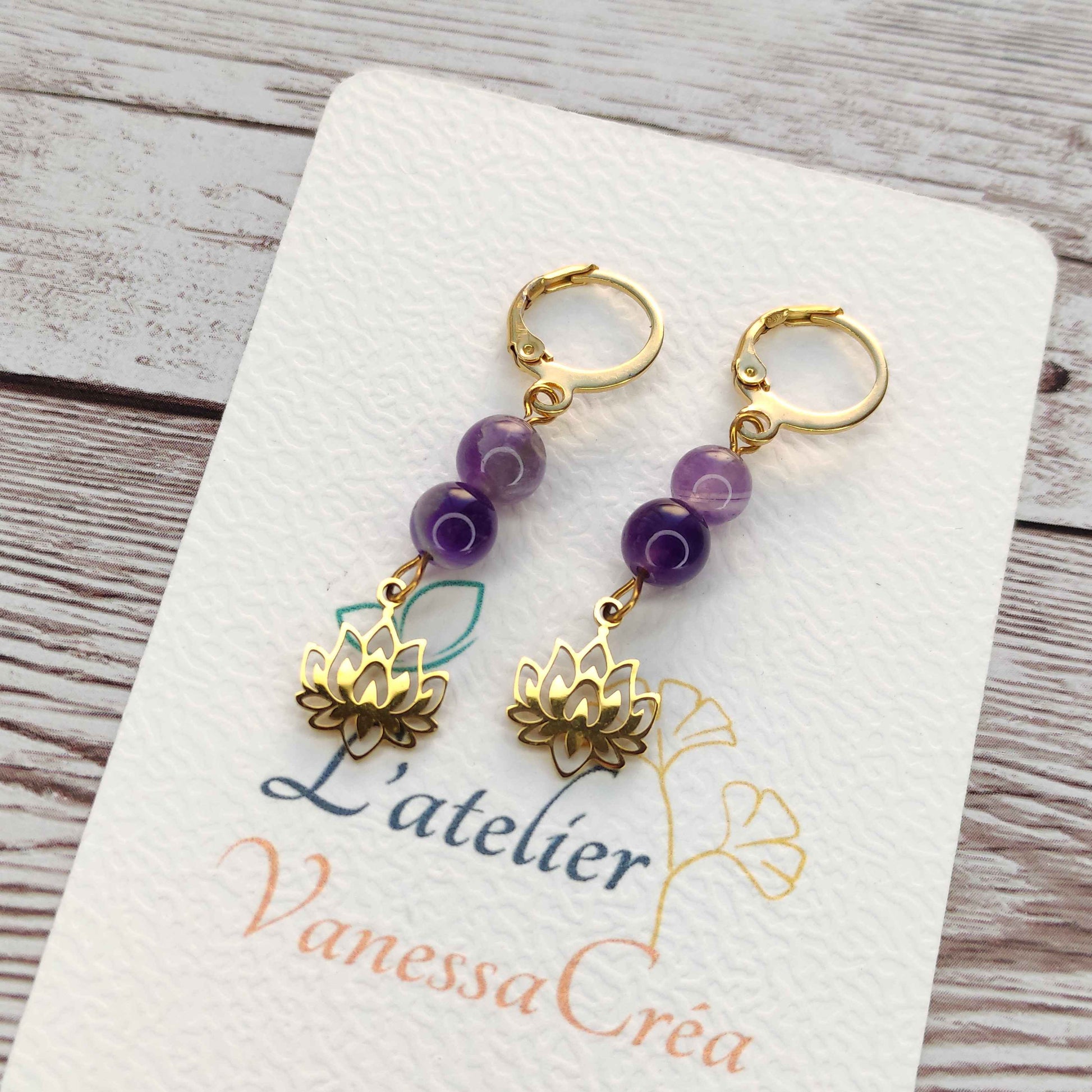 Boucles d'oreilles améthyste fleur de lotus L'Atelier VanessaCréa