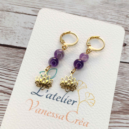 Boucles d'oreilles améthyste fleur de lotus L'Atelier VanessaCréa