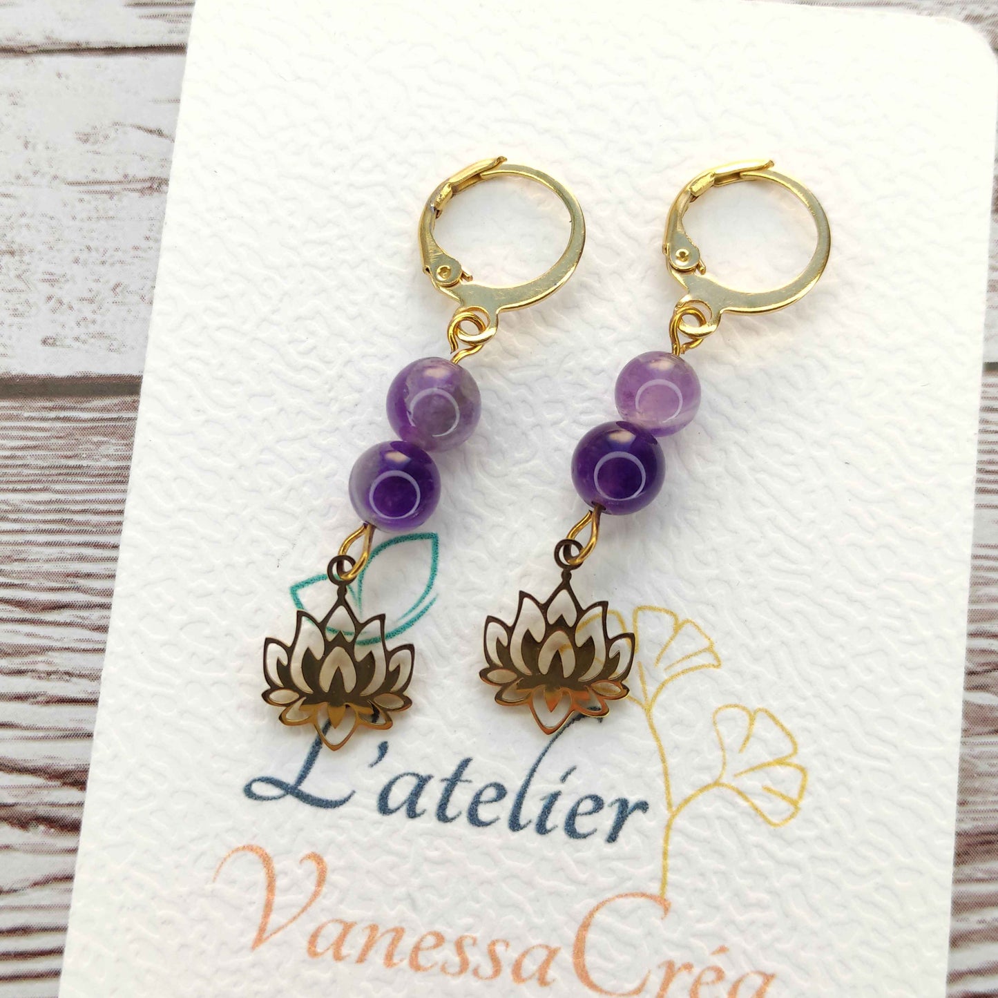 Boucles d'oreilles améthyste fleur de lotus L'Atelier VanessaCréa