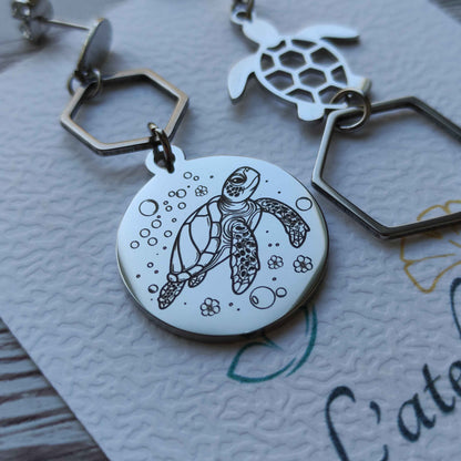 Détail de la gravure laser de précision sur une puce d'oreille tortue en acier inoxydable poli miroir.