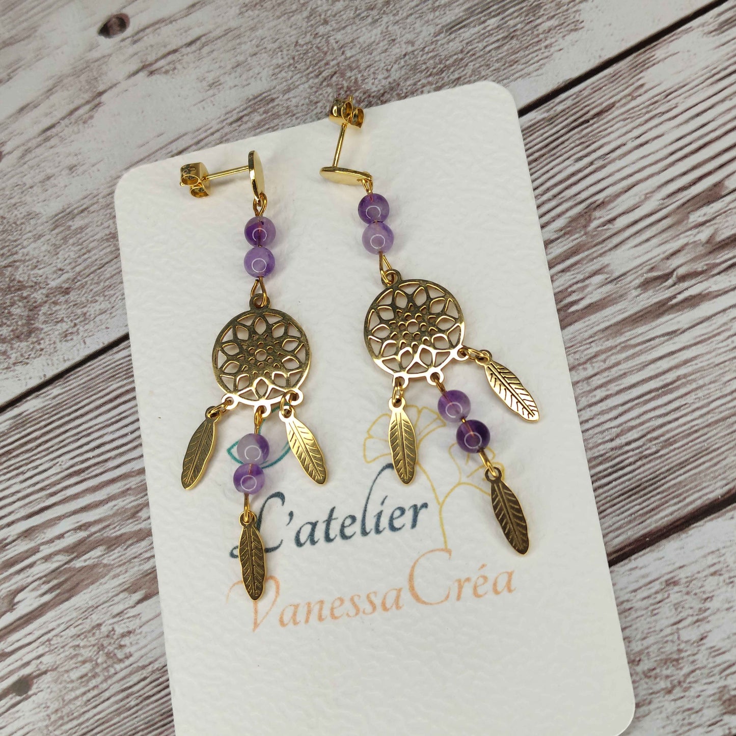 Boucles d'oreilles attrape-rêves dorées avec pierres d'améthyste