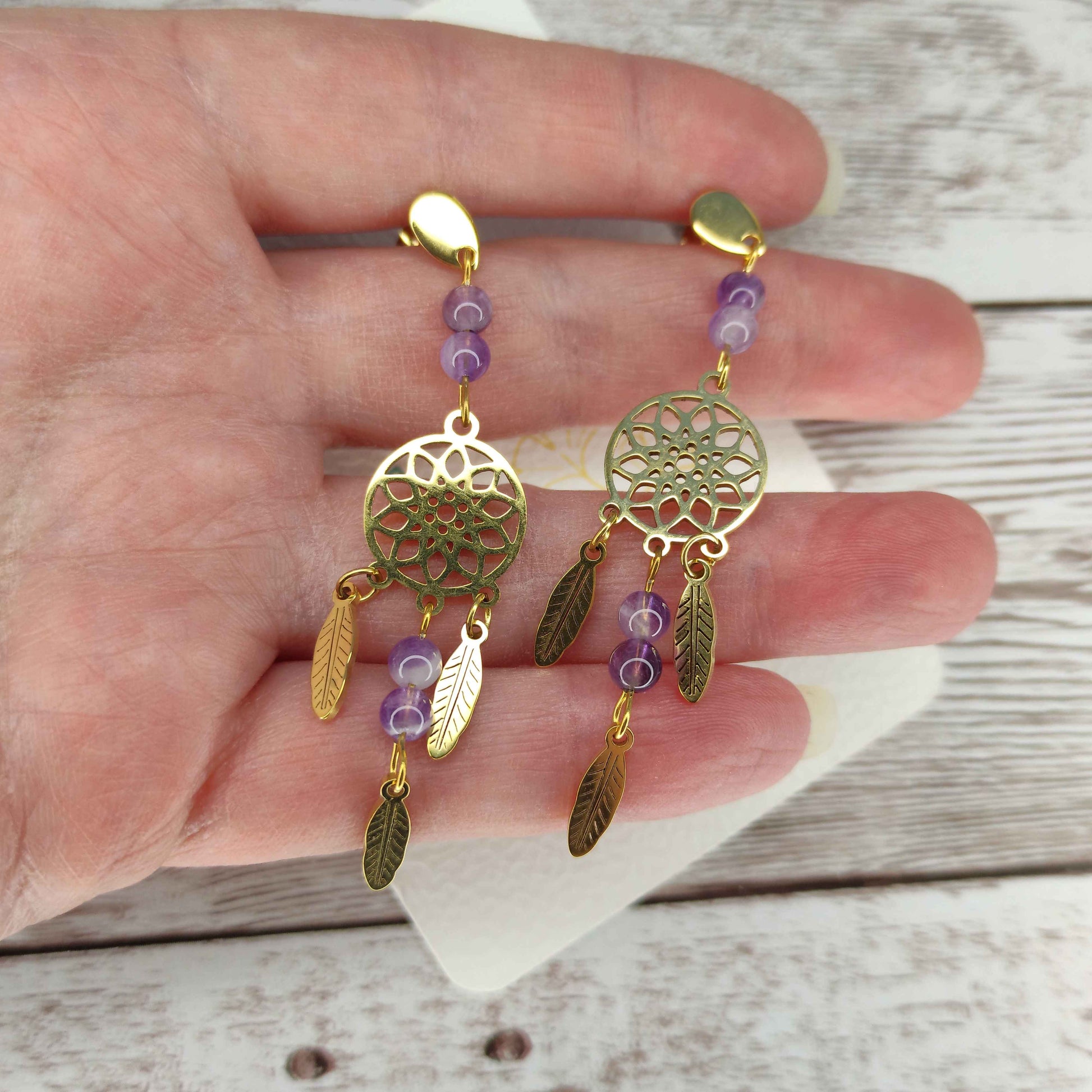 Boucles d'oreilles attrape-rêve améthyste L'Atelier VanessaCréa