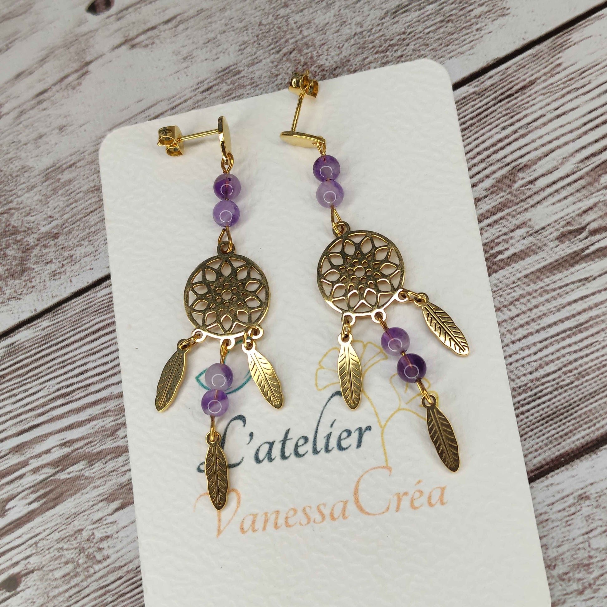 Boucles d'oreilles attrape-rêve améthyste L'Atelier VanessaCréa