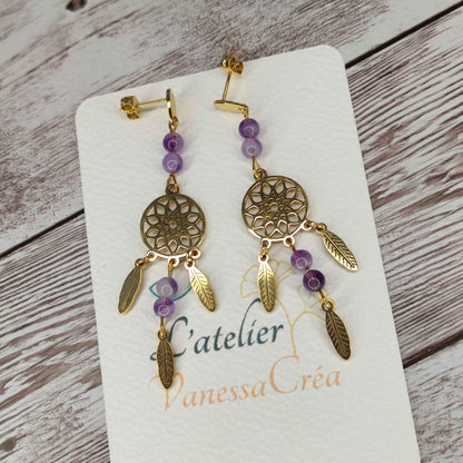 Boucles d'oreilles attrape-rêve améthyste L'Atelier VanessaCréa