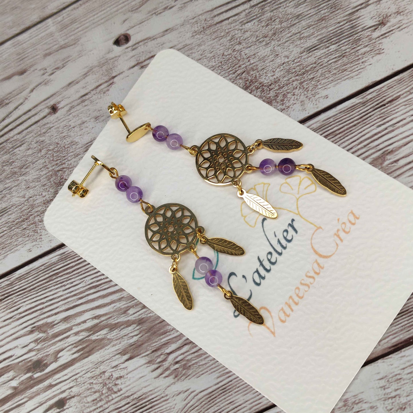Boucles d'oreilles attrape-rêve améthyste L'Atelier VanessaCréa