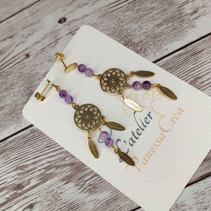Boucles d'oreilles attrape-rêve améthyste L'Atelier VanessaCréa
