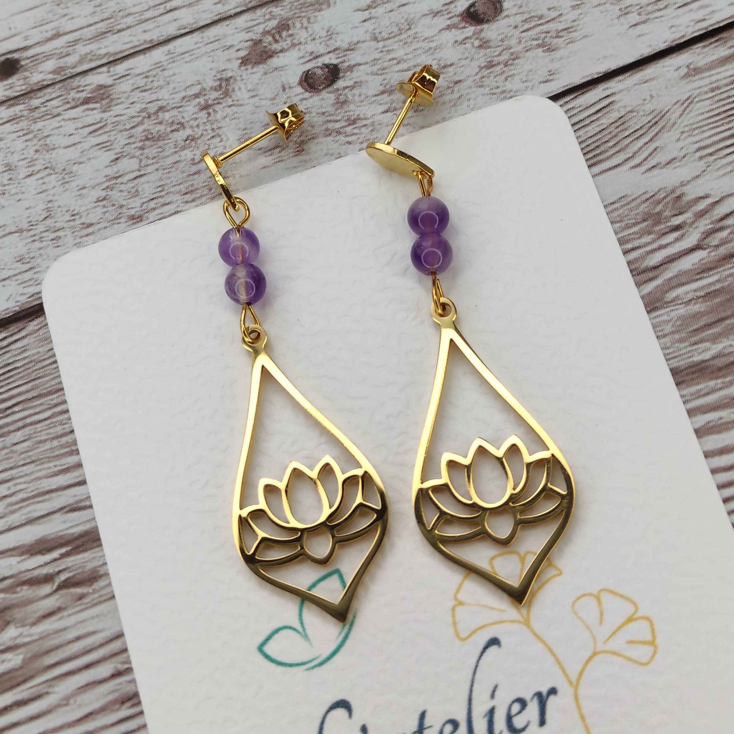 Boucles d'oreilles lotus améthyste L'Atelier VanessaCréa