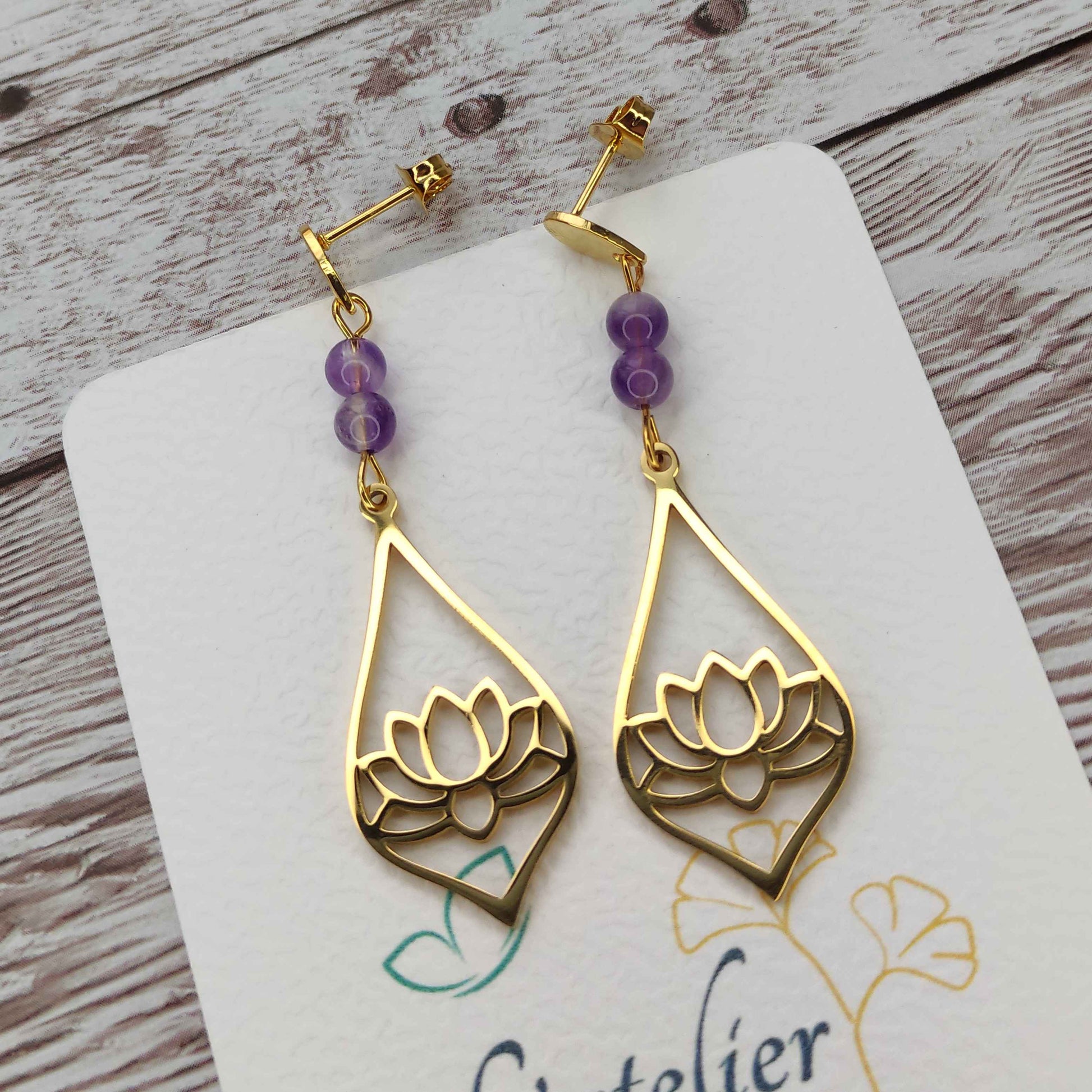 Boucles d'oreilles lotus améthyste L'Atelier VanessaCréa