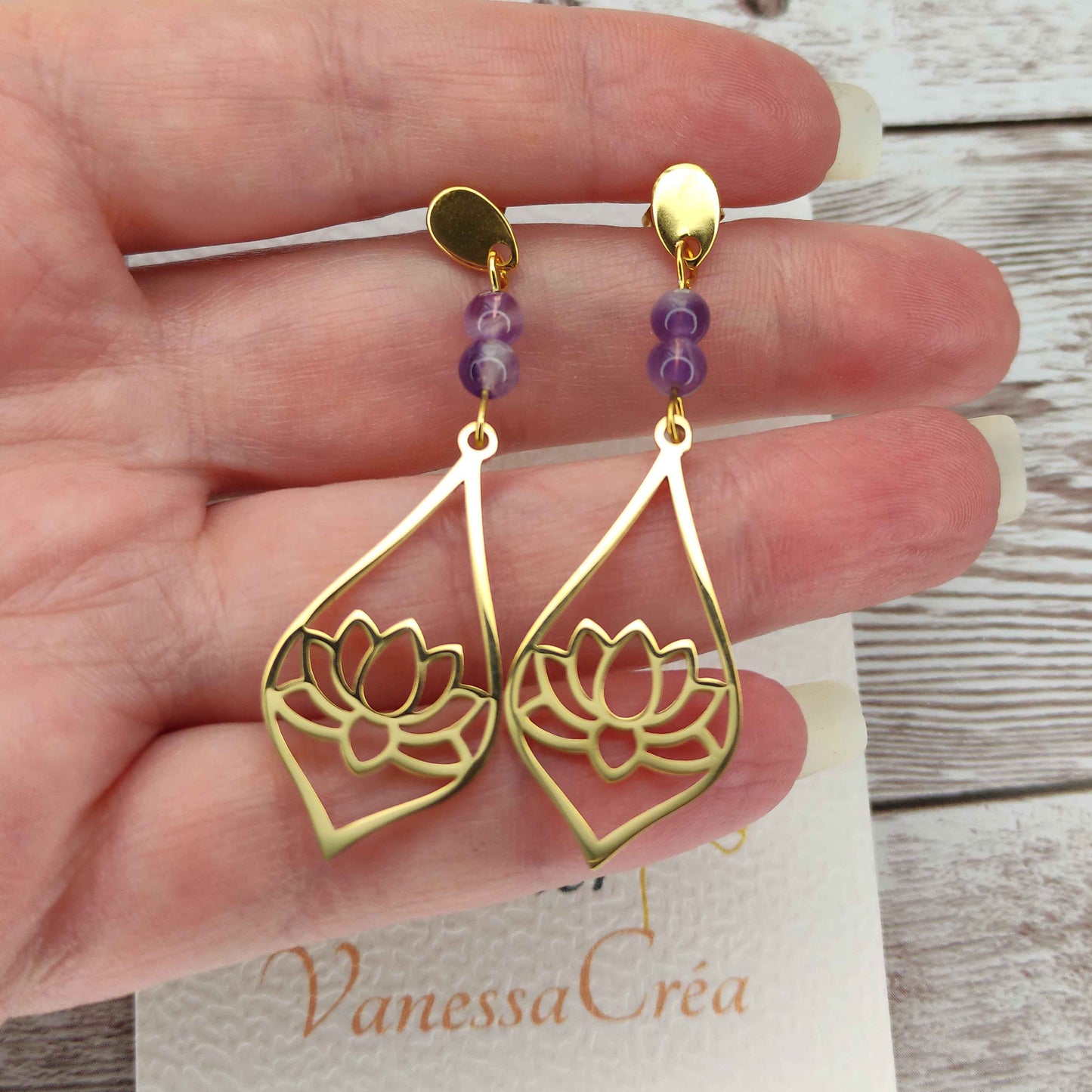 Boucles d'oreilles lotus améthyste L'Atelier VanessaCréa