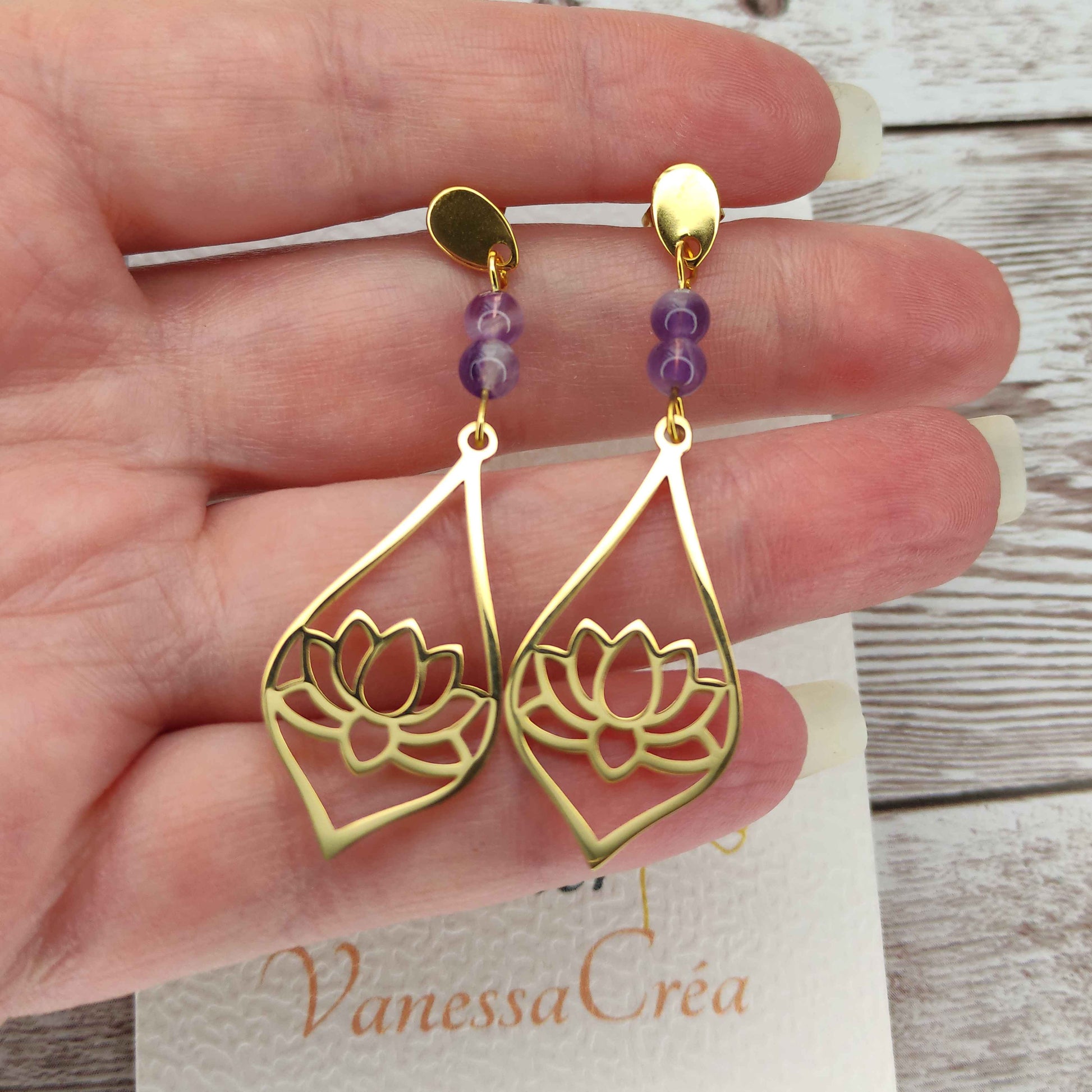Boucles d'oreilles lotus améthyste L'Atelier VanessaCréa