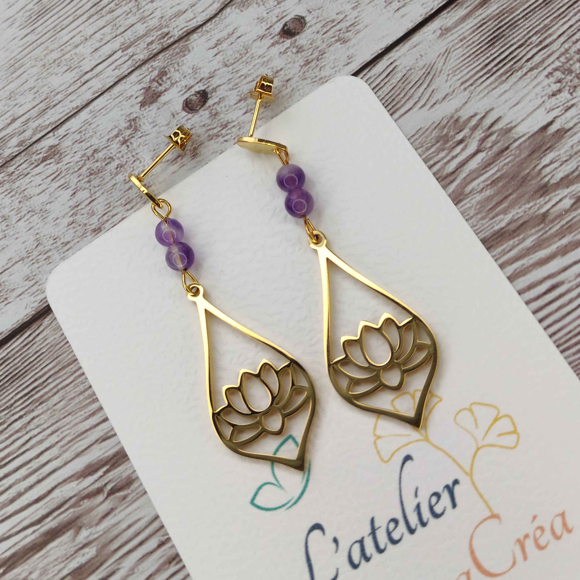 Boucles d'oreilles lotus améthyste L'Atelier VanessaCréa