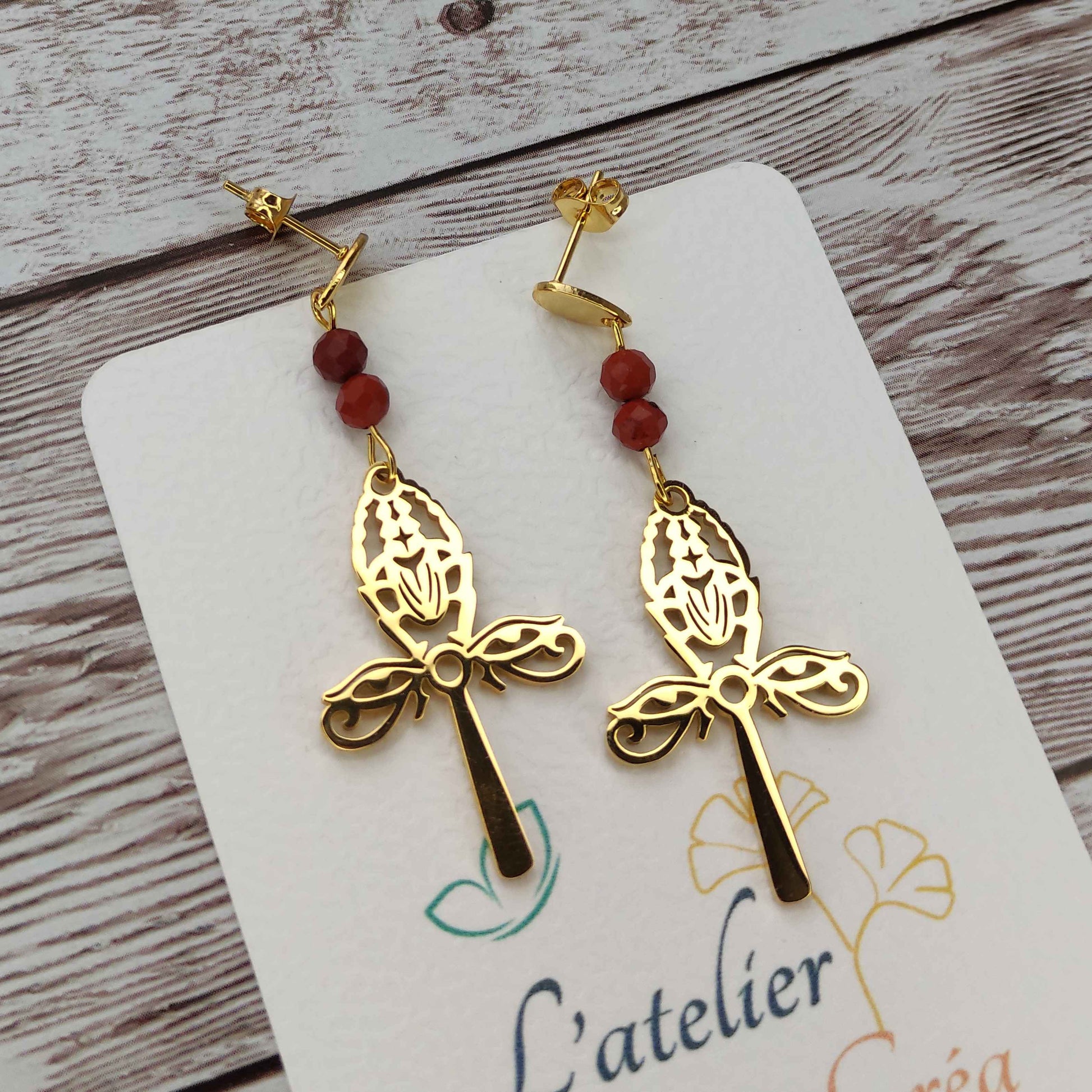 Boucles d'oreilles pendantes scarabée et croix en acier inoxydable et jaspe rouge