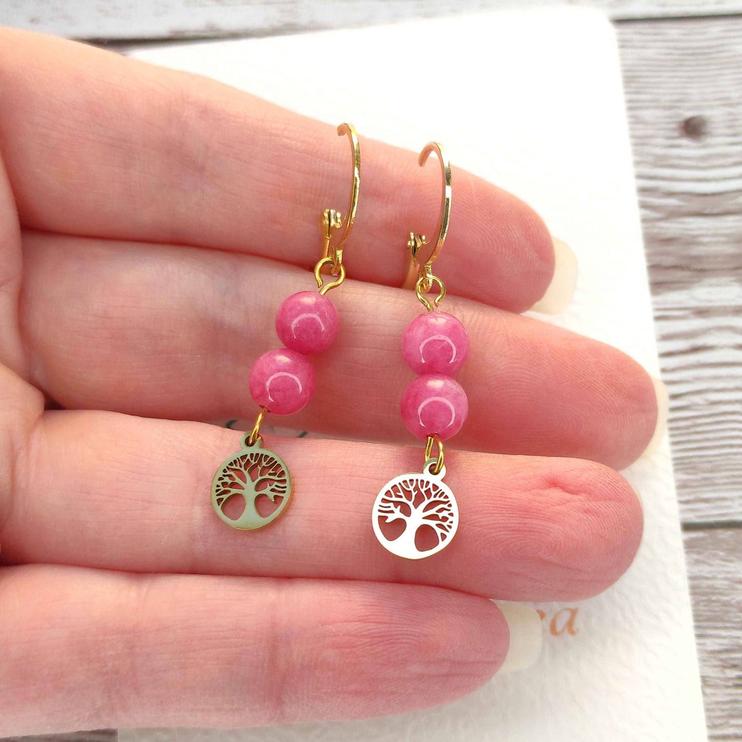 Boucles d'oreilles Arbre de Vie Rhodochrosite L'Atelier VanessaCréa