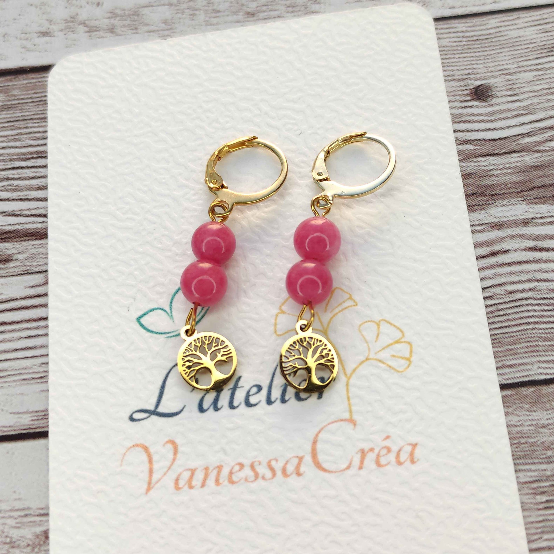 Boucles d'oreilles Arbre de Vie Rhodochrosite L'Atelier VanessaCréa
