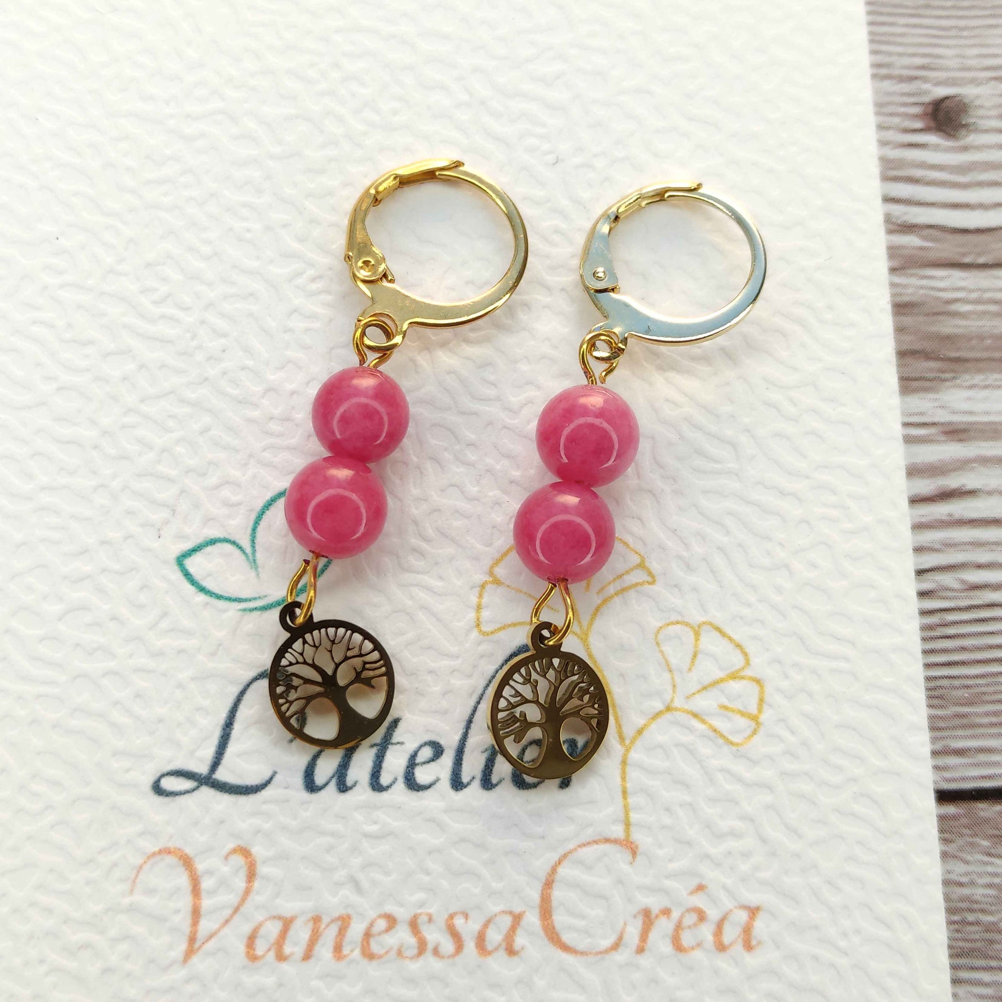 Boucles d'oreilles Arbre de Vie Rhodochrosite L'Atelier VanessaCréa