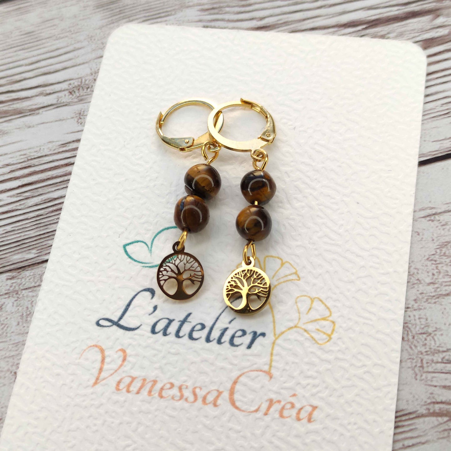 Boucles d'oreilles Arbre de Vie Œil de Tigre L'Atelier VanessaCréa