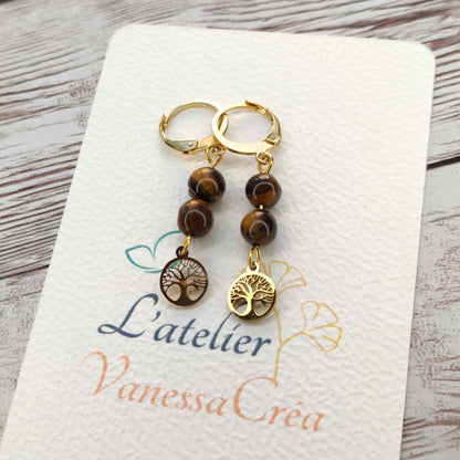 Boucles d'oreilles Arbre de Vie Œil de Tigre L'Atelier VanessaCréa