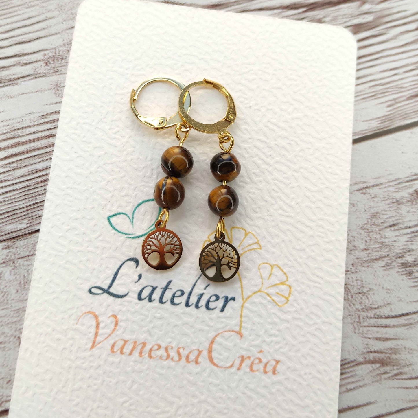 Boucles d'oreilles Arbre de Vie Œil de Tigre L'Atelier VanessaCréa