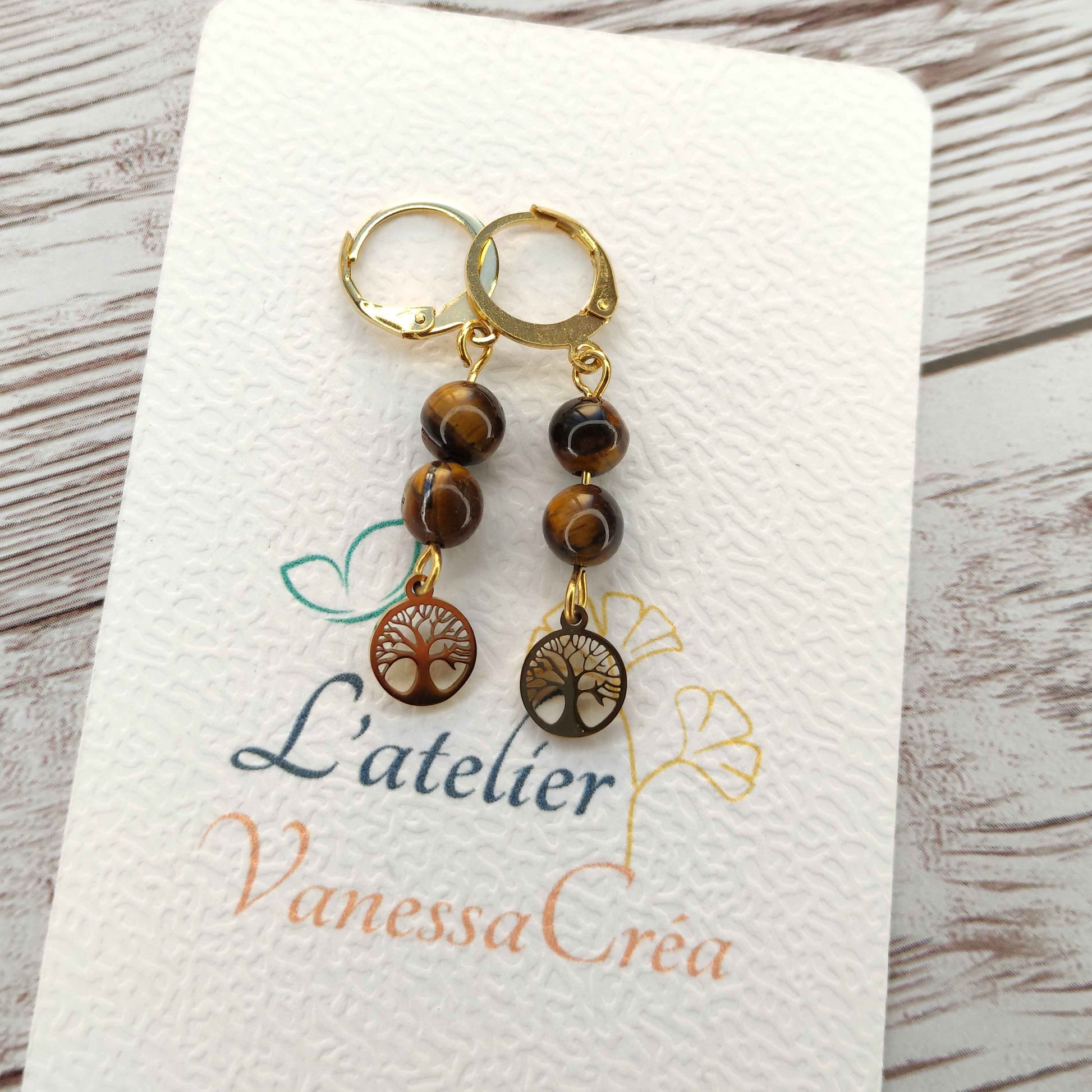 Boucles d'oreilles Arbre de Vie Œil de Tigre L'Atelier VanessaCréa